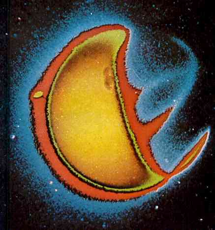 Reacting to, and absorbing the sun's ultraviolet radiation, oxygen atoms fluoresce around the Earth. 
 
Click on picture for more information. 