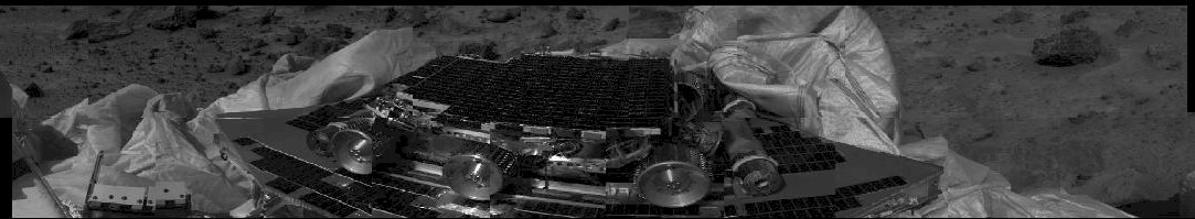 First Pictures from Mars Pathfinder Sent to Earth.

Click on picture to see Pathfinder's instruments. 